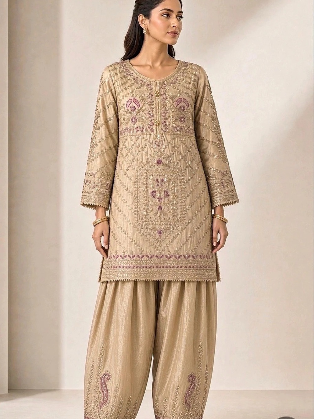 Embroidered Kurta Set in Gold & Pink